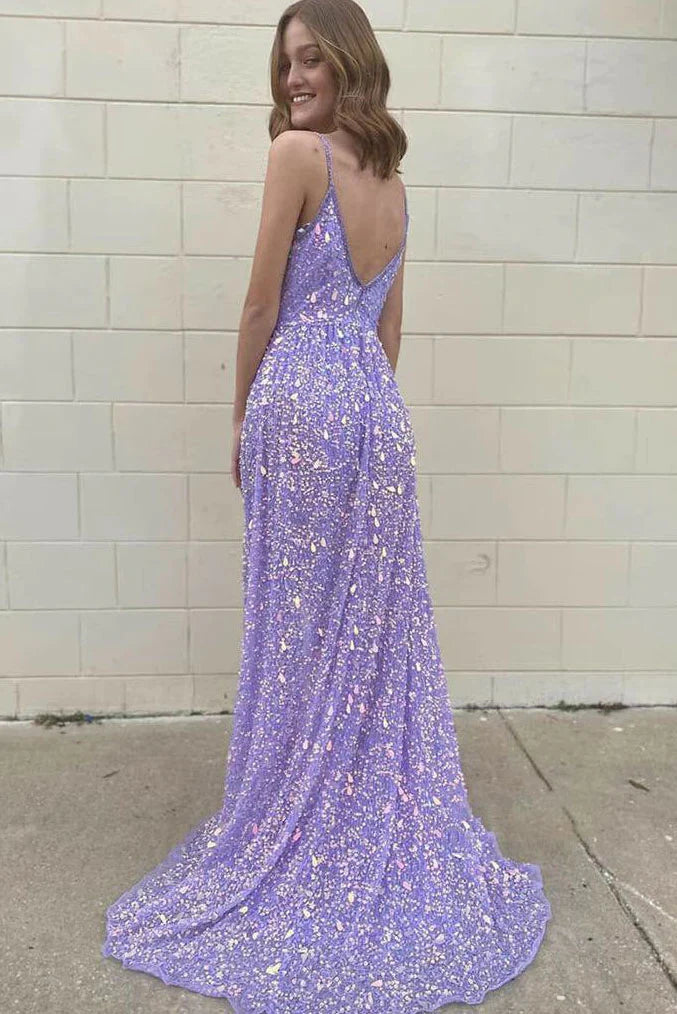 Vestidos formales morados con escote en V profundo y tirantes finos, vestido de noche para graduación con lentejuelas, vestido de fiesta largo / Tiendas de vestidos de graduación
